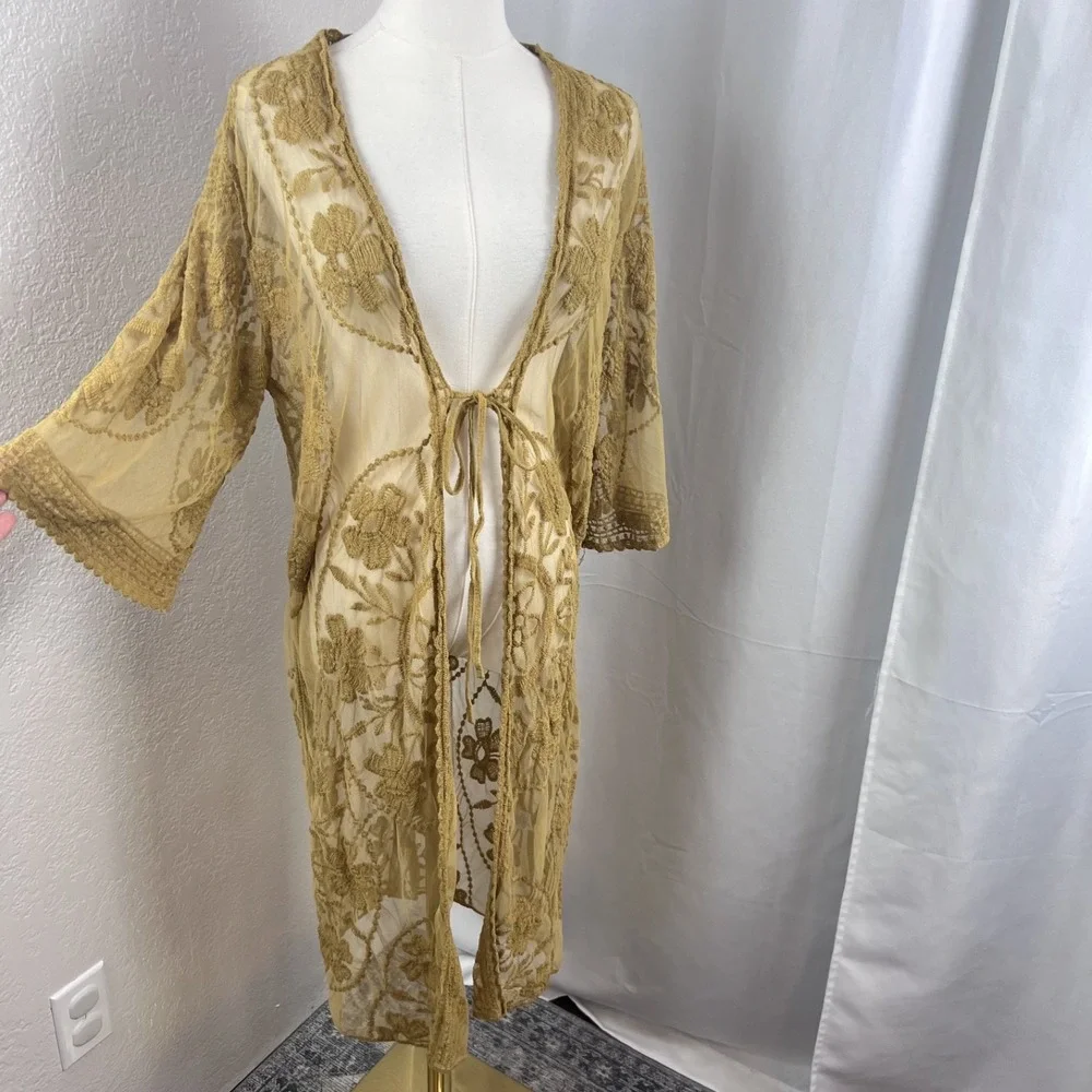 Entro Duster Cardigan Womens Medium Floral Embroidery Mesh Fairy Festival Boho